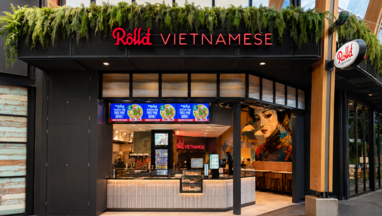 Roll'd Vietnamese restaurant at Botany Town Centre, Auckland, featuring the modern storefront and entrance of the brand's third New Zealand location.